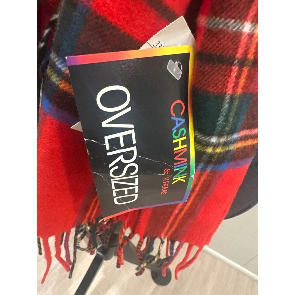 Cashmink V Fraas Red Plaid winter fall  Scarf Fringe Germany 13x65 holiday - Picture 3 of 6